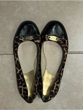 Michael Kors Leopard and Black Cap-Toe Flats with Gold Buckle